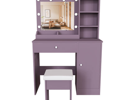 Vanity Desk Set With Padded Stool And Adjustable LED Mirror, 3 Color Light Modes - Purple