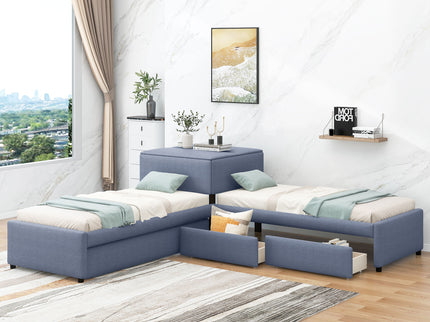 L Shaped Upholstered Platform Bed With Trundle And 2 Drawers Linked With Built In Desk