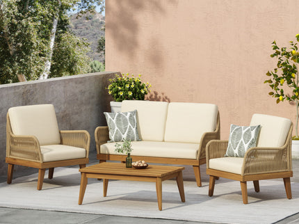 Hueber - Outdoor And Rope 4 Seater Chat Set With Cushions - Teak