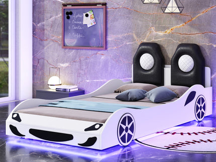 Race Car Shaped Platform Bed With LED And Upholstered Backrest In