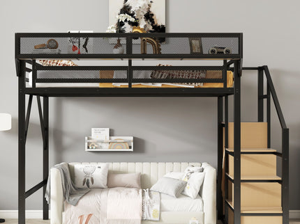 Queen Size Loft Bed & Stairs, Storage Shelves, Wardrobe - Black / Wood