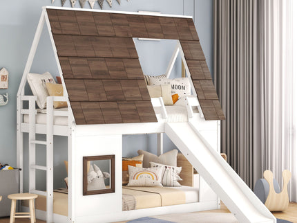 Wood Twin Size House Bunk Bed With Roof, Ladder And Slide - White / Brown