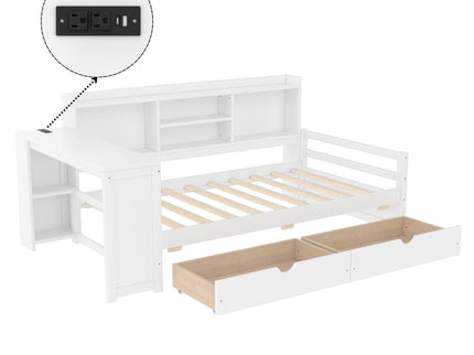 Corner Daybed With Storage Drawers, Desk, Charging Port & Bookcase