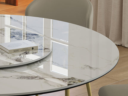 Luxury Round 59" Sintered Stone Dining Table With Stainless Steel Hourglass Base, Scratch & Heat Resistant Surface - Golden / White