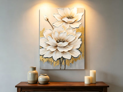 Lotus Flower Canvas Wall Art, Hand Painted Thick Textured Floral Painting With Accents, Neutral Decor For Living Room - Antique White / Gray