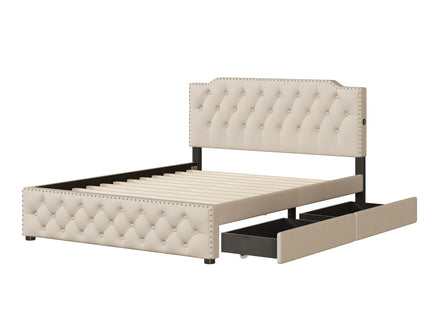 Upholstered Platform Bed With 2 Drawers And 2 Sets Of USB Ports On Each Side, Fabric
