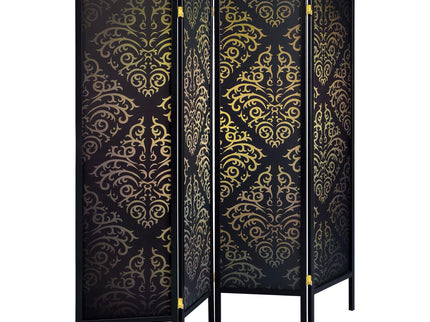 4 Panel Folding Screen With Diamond Scrollwork Motif - Black