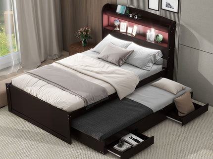 Platform Bed With LED Headboard, Charging Station, Trundle And 2 Drawers