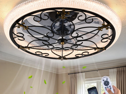 20" Caged Ceiling Fan With Remote Control And Crystal Sand Lampshade - Matte Black
