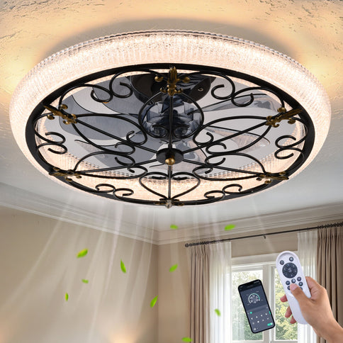 20" Caged Ceiling Fan With Remote Control And Crystal Sand Lampshade - Matte Black