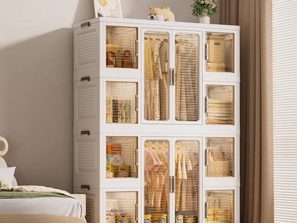Portable Wardrobe Closet Storage Organizer For Clothes With Magnetic Doors, 12 Cubes & 2 Hanging Rods - White