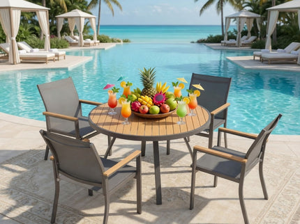 Gray Aluminum Patio Dining Set With Textilene Chairs, 5 Piece All Weather Round Table And 4 Seater For Garden, Deck, Or Porch