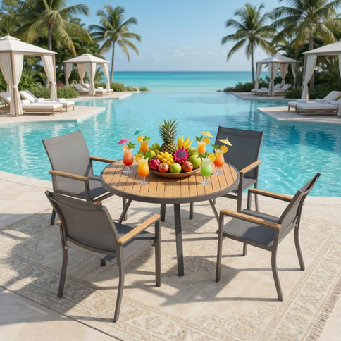 Gray Aluminum Patio Dining Set With Textilene Chairs, 5 Piece All Weather Round Table And 4 Seater For Garden, Deck, Or Porch