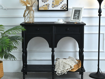 Accent Carved Console Table With Open Shelf And 2 Drawers For Living Room - Black