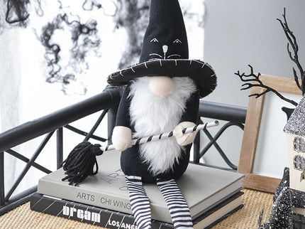 Sitting Gnome With Broomstick & Long Legs, For Halloween Decor - Black White