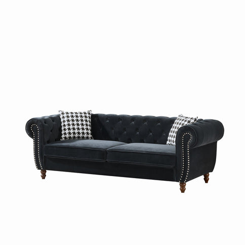 Chesterfield Upholstery Fabric Sofa With Roll Armrest & Nailhead