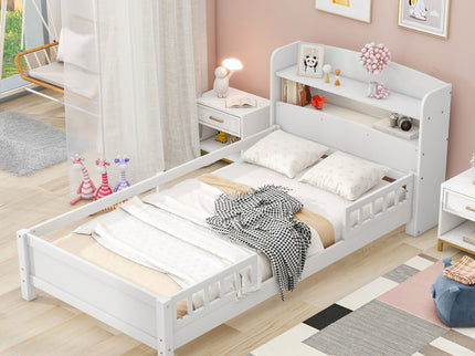Wood Platform Bed With Built In LED Light, Storage Headboard And Guardrail