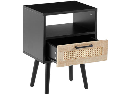 15.75" Rattan End Table With Drawer And Solid Wood Legs, Modern Nightstand, Side Table For Living Room, Bedroom