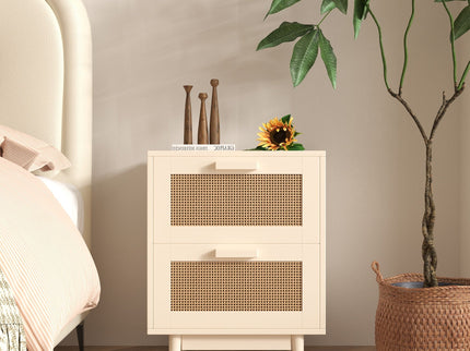 Nightstand With 2 Drawers, Storage Side Table For Bedroom - Antique Natural / Rattan