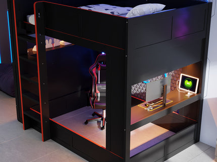 Full Size Gaming Bunk Bed With Desk, Storage Shelves, LED And Charging Station - Black