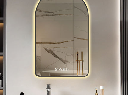Arched LED Vanity Mirror With Time & Temperature Display, Anti-Fog, Dimmable Backlight In Frame, 3 Color Temperatures