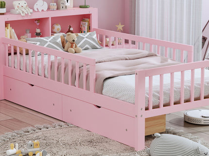 Bed With Headboard Storage Rack, 2 Under Bed Drawers, 3 Side Guardrails For Safety