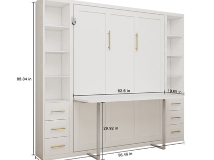 Queen Size Murphy Wall Bed With Side Storage Cabinets - White