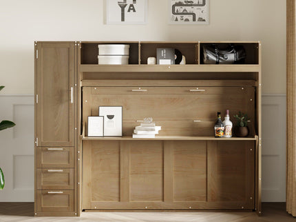 Full Size Murphy Bed With Wardrobe, Drawers, And Open Shelves - Wood