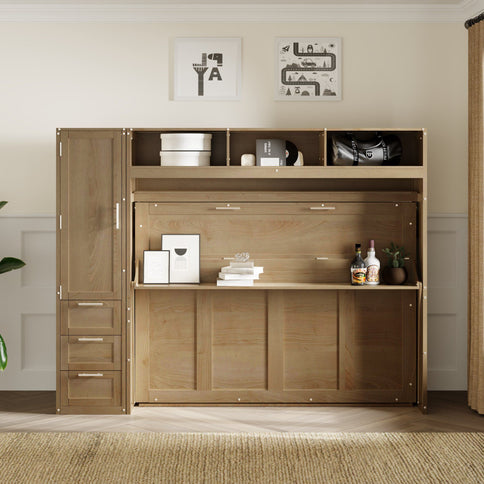 Full Size Murphy Bed With Wardrobe, Drawers, And Open Shelves - Wood