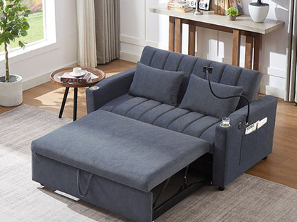 Convertible Sofa Bed Loveseat Sofa With Three USB Ports, Two Side Pockets, Two Cup Holders And 360° swivel Phone Holder For Living Room