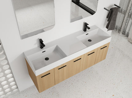 Floating Double Sink Bathroom Vanity With Extra Large Storage, Integrated Sink, Soft Close Doors, Wall Mounted Bath Vanity - Glossy White / Light Oak