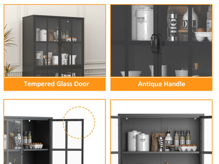 Premium Metal Storage Cabinet With Tempered Glass Doors, Adjustable Shelves, And Anti Tipping Device - Black