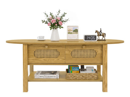 Oval Coffee Table With With 2 Storage Drawers For Living Rooms - Wood