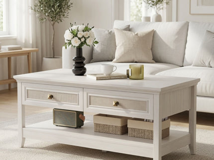 Coffee Table With Drawers & Storage Shelf - White