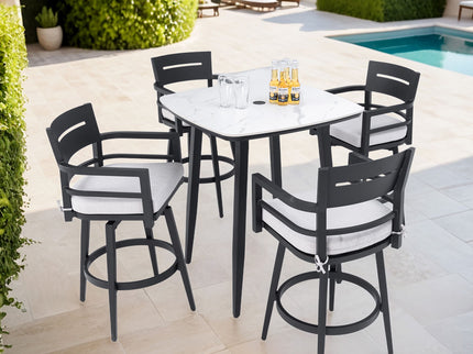 Modern Outdoor Patio Bar Set, Rounded Square Table & Bar Chairs, Non Rust Frame, Tapered Legs, Sunbrella Cushion