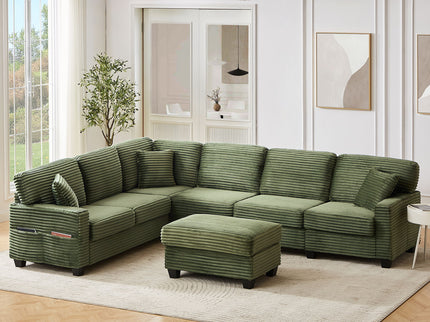Upholstered U-Shaped Sectional Sofa With Movable Ottoman And Side Storage Pockets