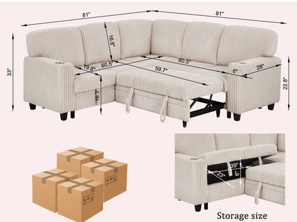 L-Shaped Sofa With Pull Out Sofa Bed With USB