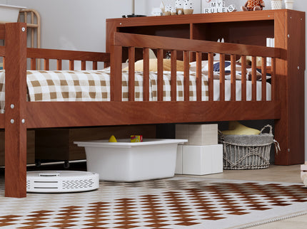 Bed With Headboard Storage Rack, 2 Under Bed Drawers, 3 Side Guardrails For Safety