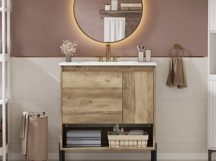 Bathroom Vanity Cabinet With Sink, Sliding Drawer, Soft Closing Door, Open Shelf - Natural Wood