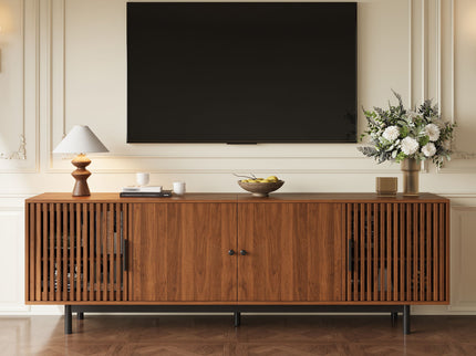 TV Stand, Media Console & Soft Closing Hinges, Adjustable Shelves, Slatted Doors - Walnut