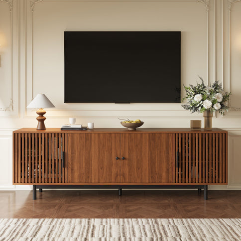 TV Stand, Media Console & Soft Closing Hinges, Adjustable Shelves, Slatted Doors - Walnut