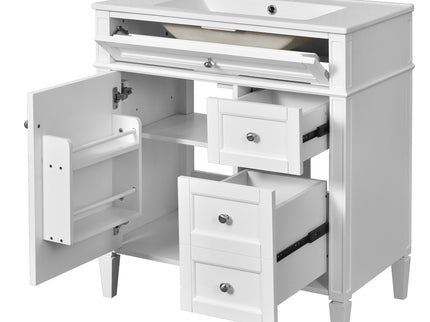 Bathroom Vanity With Top Sink, 2 Doors And 3 Drawers, Freestanding Set With Mirror Cabinet