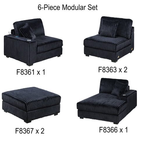 6 Piece Modular U Sectional Sofa Set With USB Cup Holder, Low Leg - Black