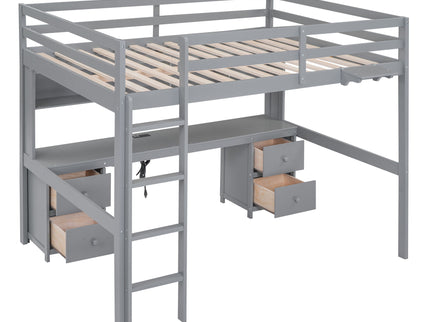 Loft Bed With Desk, Cabinets, Drawers, Charging Station And Bedside Tray