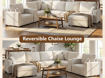 Modular 5 Seat U-Shape Sectional Sofa With Chaise Lounge, Built In Cup Holders And Storage Drawer