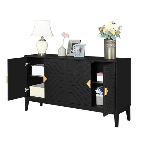 4 Door Sideboard Storage Cabinet For Living Room And Dining Room, 2 Large Cabinets With Gold Handles And Adjustable Shelf - Black