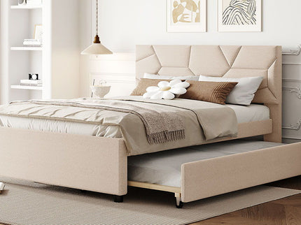 Upholstered Platform Bed With Brick Pattern Headboard And Twin Long Size Trundle