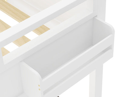 Queen Size Loft Bed With Desk, Open Shelf, Storage Box And USB Charging Station - White