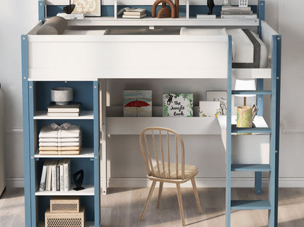 Loft Bed With Built In Storage Shelves, Clothes Rail, And Desk