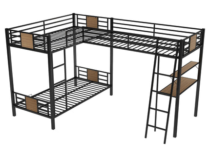 L-Shaped Twin Over Twin Bunk Bed With Twin Size Loft Bed With Desk And Shelf - Brown